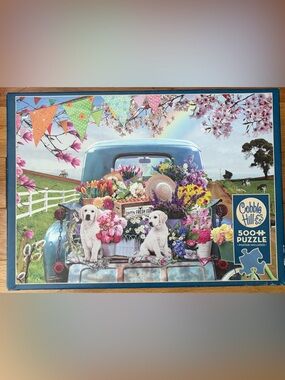 Cobble Hill 500 Piece Puzzle - “Country Truck in Spring” Puppies and Flag Banner